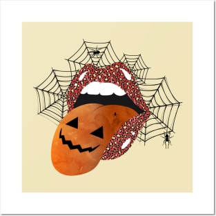Halloween Creepy Mouth Pop Art Lips Scary Pumpkin Leopard Lipstick Posters and Art